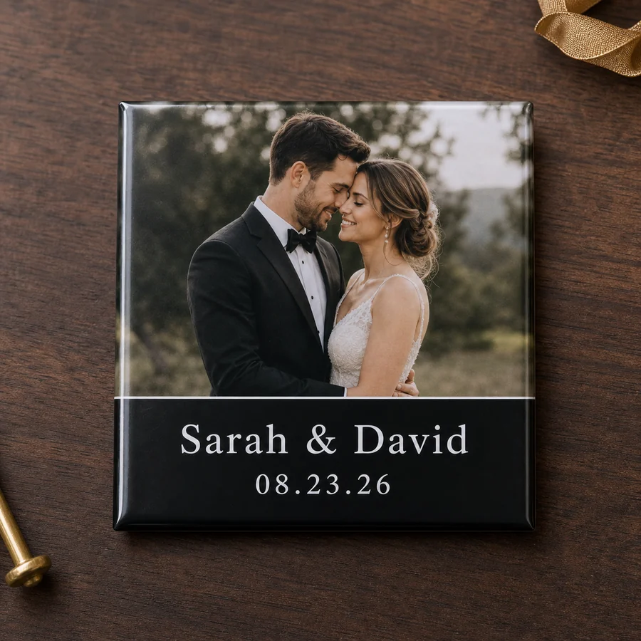 Black tie wedding photo magnet with names and date