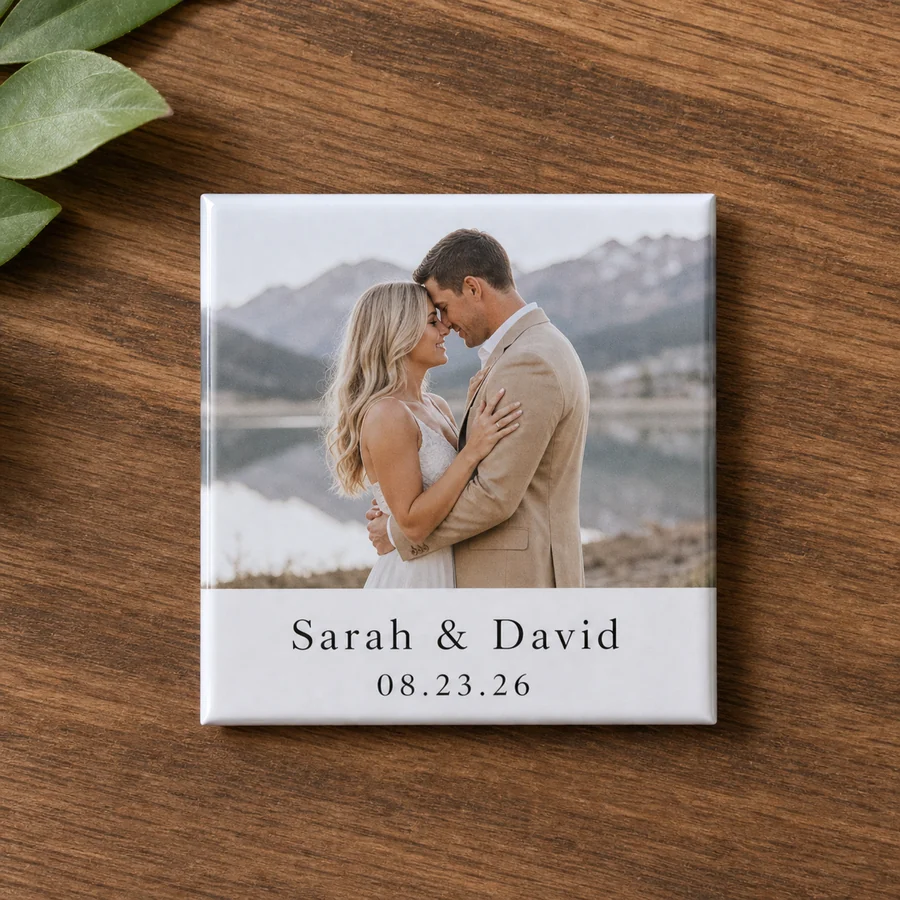 Engagement photo magnet with couple names and wedding date