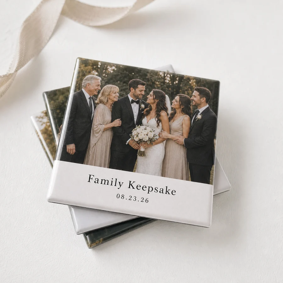 Wedding photo collage magnet held as a family keepsake