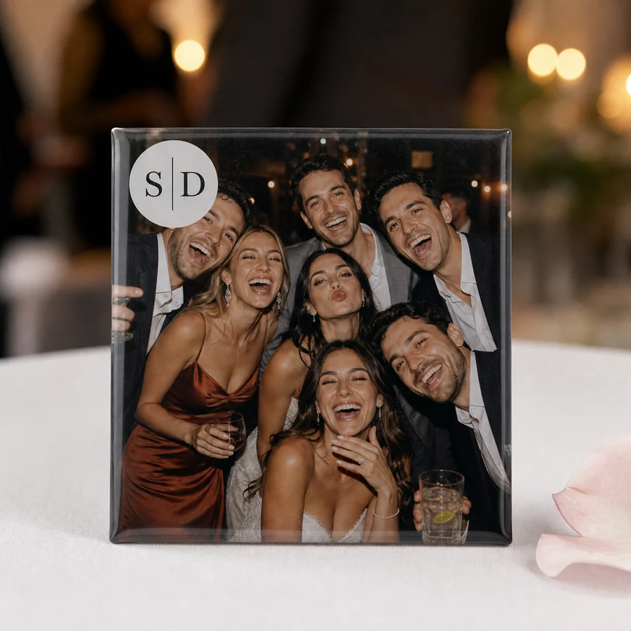 Guest photo wedding magnet with a small corner monogram