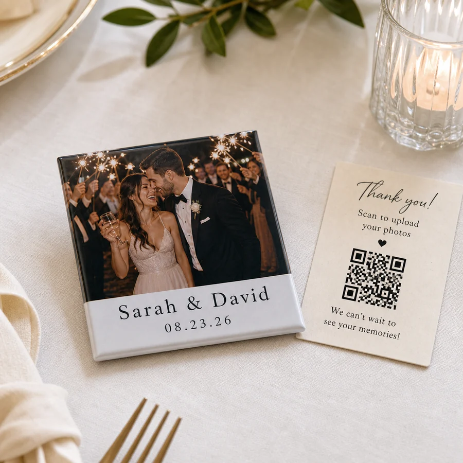 Guest photo wedding magnet with names and wedding date
