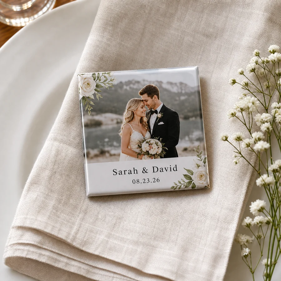 Floral wedding photo magnet favor with names and date
