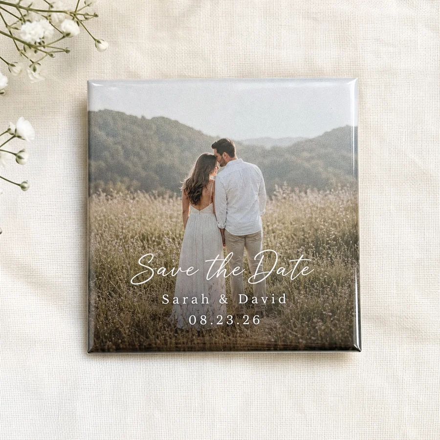 Save the date wedding photo magnet photographed as a finished product