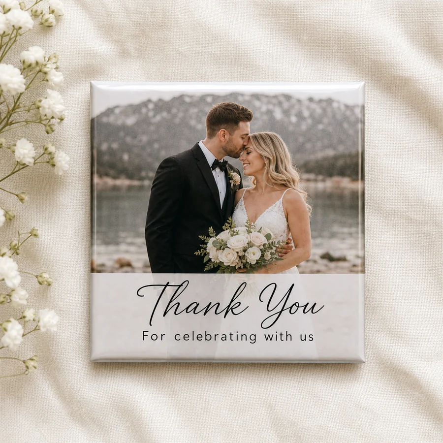 Thank-you wedding photo magnet favor photographed on fabric
