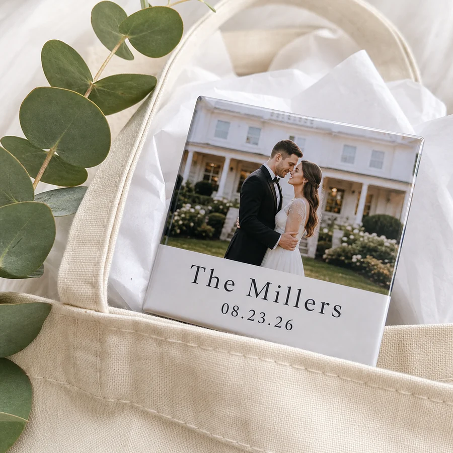 Wedding venue keepsake magnet with couple photo and venue name